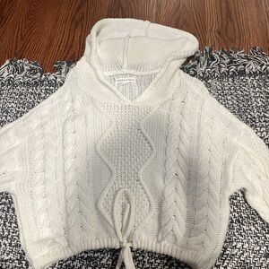 white crochet hoodie with tie detail